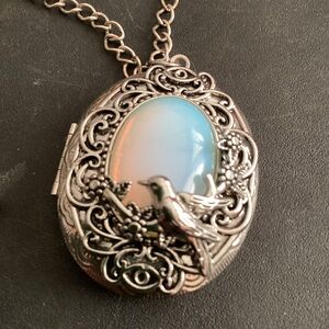 Large Opalite Silver Locket Bird Nature 34” Chain